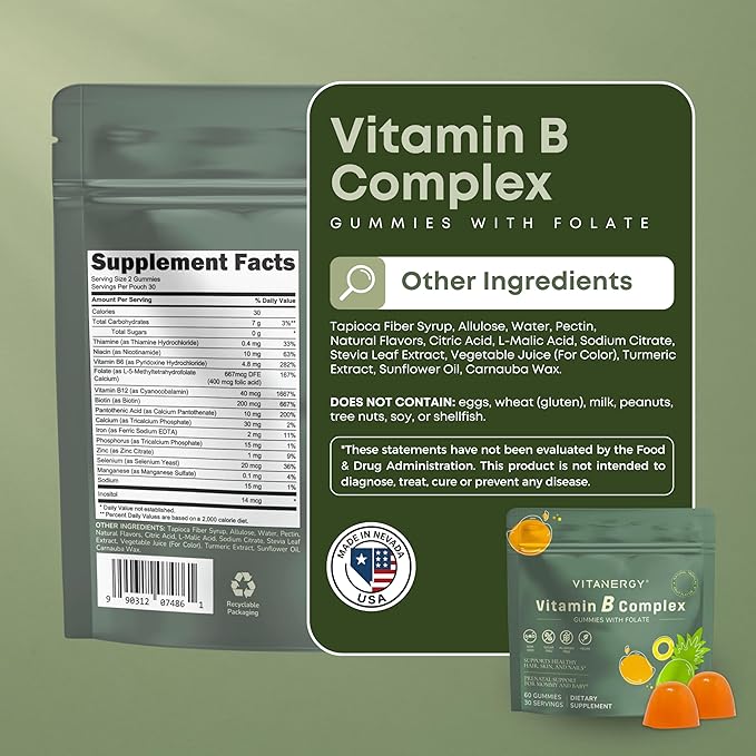 Vitamin B Complex Gummies for Women - 7 Essential Vitamins and Iron Energy Immune Prenatal Support Portable Pouch Tropical Flavor Made in USA 60 Count