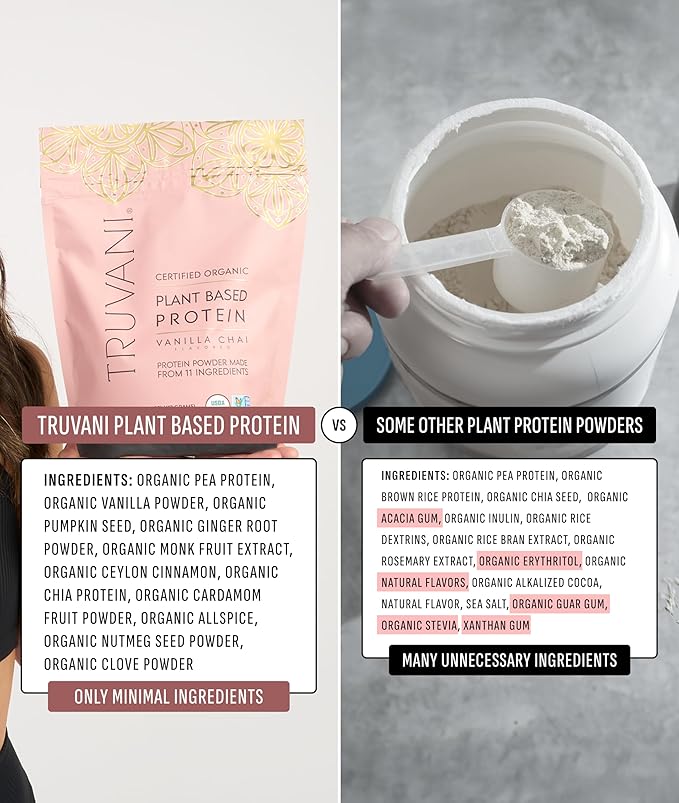 Truvani Vegan Pea Protein Powder | Vanilla Chai | 20g Organic Plant Based Protein | 20 Servings | Keto | Gluten &amp Dairy Free | Low Carb | No Added Sugar
