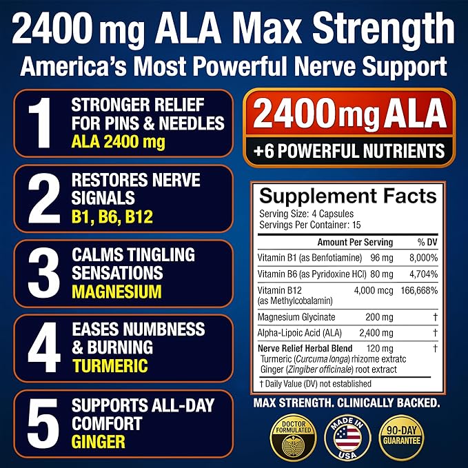 Nerve Relief with 2400 mg Alpha Lipoic Acid – 7 Powerful Nutrients to Support Feet Hands Toes – 2400mg ALA Vitamins B12 B6 &amp B1 Magnesium Turmeric – 60 Capsules
