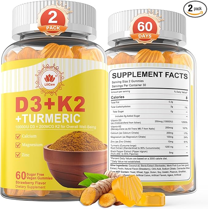 Vitamin D3 K2 Gummies &amp Turmeric for Women &amp Men Vitamin D3 5000IU / 10000IU K2 (MK-7) 200mcg Supplements with Turmeric 1200mg Calcium Magnesium Zinc Supports Bone Teeth Energy &amp I