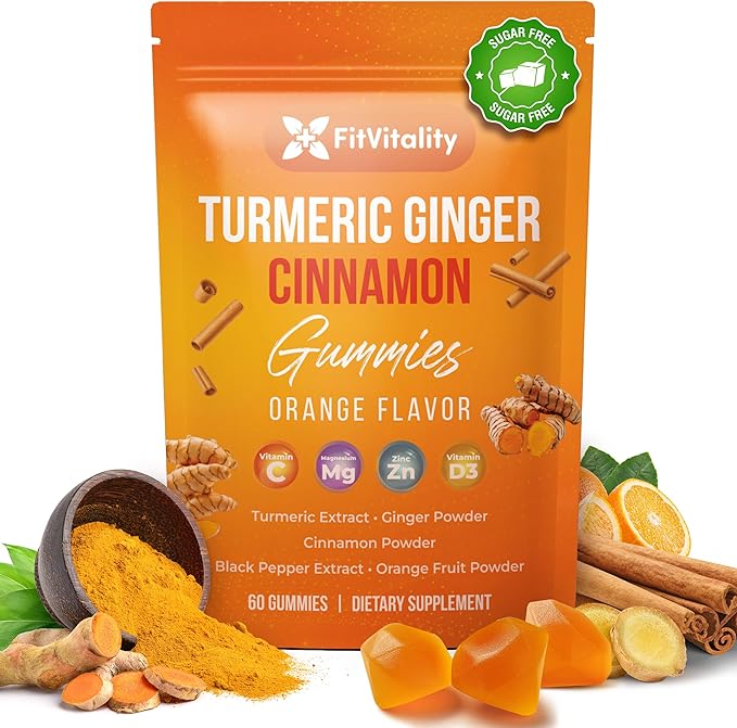 Premium 120 Turmeric Ginger Cinnamon Gummies – Vegan Gummies with Vitamin E B12 Magnesium Black Pepper Extract &amp Vitamin D3 – Orange Fruit Flavor