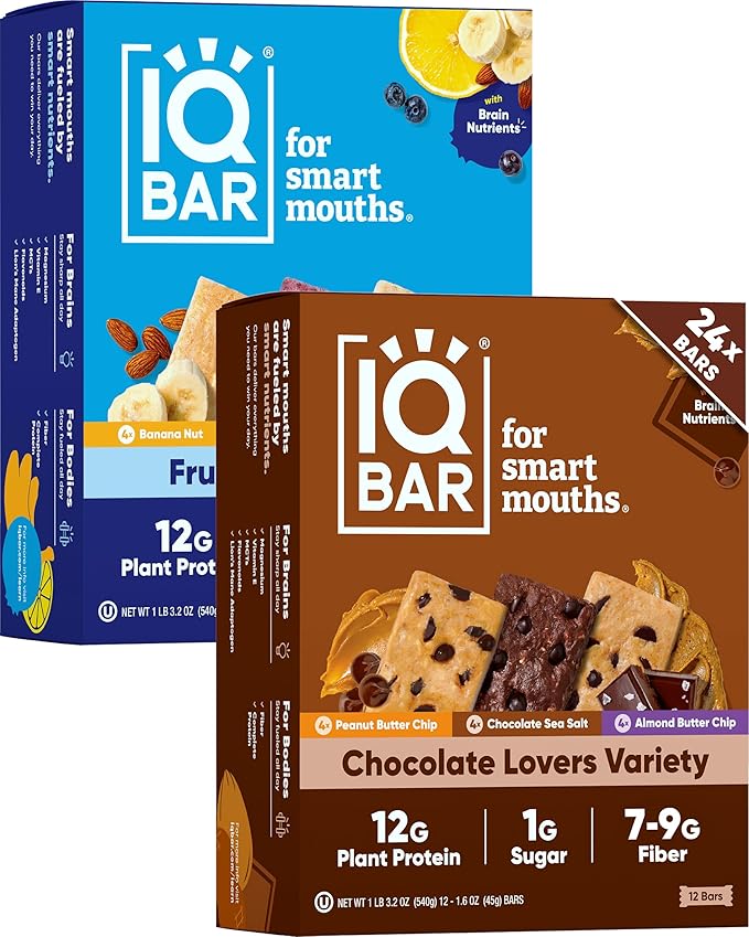 IQBAR Clean Plant Protein Bars - Fruit and Chocolate Lovers - 24 Count - Keto Vegan High Fiber Gluten and Dairy Free Low Sugar Snack - Brain and Body Nutrients for Focus Energy Meal Replacement