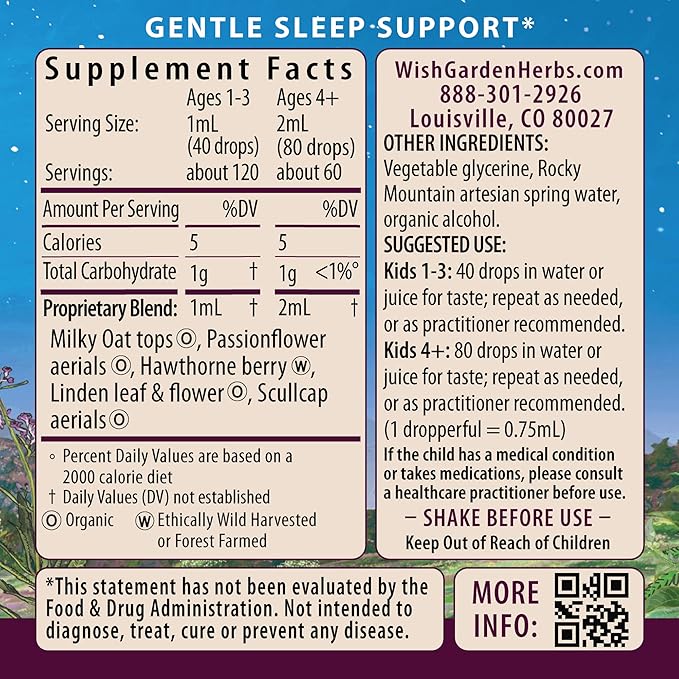 WishGarden Herbs Sleepy Nights for Kids Liquid Herbal Sleep Aid Without Melatonin Passionflower Oat Scullcap Supports Restful Sleep Non-Sedative USDA Organic 4oz