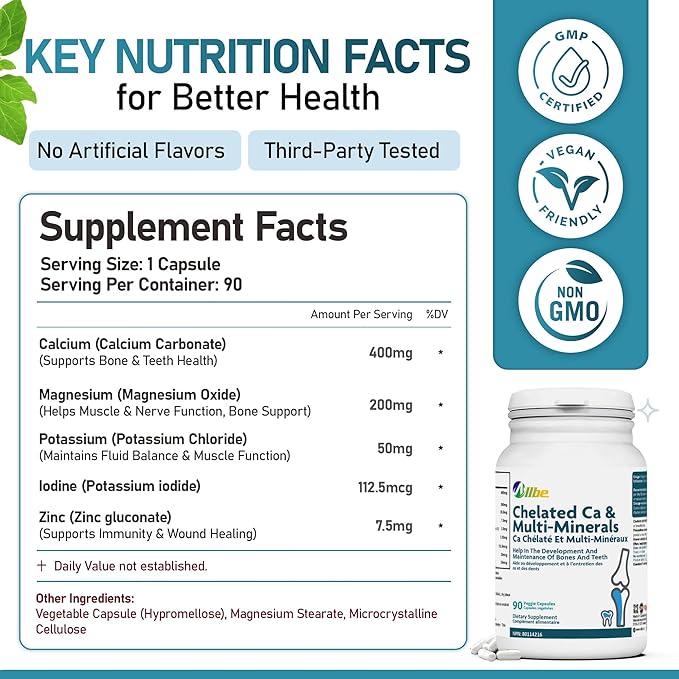 Chelated Ca &amp Multi-Minerals Capsules 400mg Calcium and 200mg Magnesium with 7.5mg Zinc Supplements 4 Packs of 90 Bones and Teeth Support Capsules Serving Size: 2 120 Days Supply