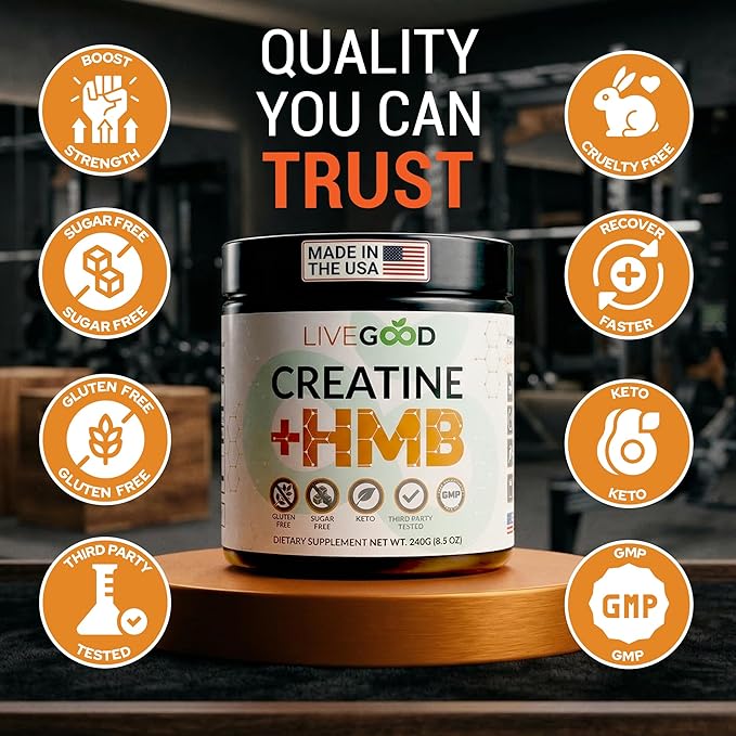 LIVEGOOD Creatine Monohydrate with HMB for Lean Muscle Growth &amp Recovery – HMB Creatine Powder for Men and Women – Unflavored Creatine 30 Servings