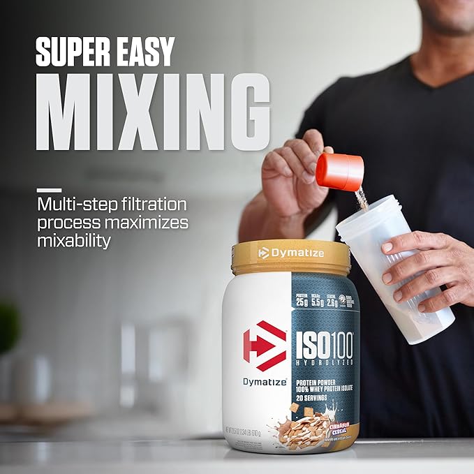 Dymatize ISO100 Whey Protein Powder Isolate Cinnamon Cereal 25g of Protein 5.5g BCAAs Less Than 120 Cal. Gluten Free 1g Fat 1g Sugar 2g Carb (20 Servings)