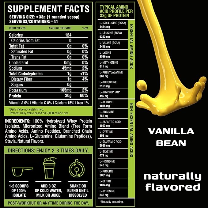 MFL 100% Isolate Protein l 30g of Protein l BCAAs l Keto Friendly l Low Carbs l Gluten Free l 3 lbs. (Vanilla Bean)