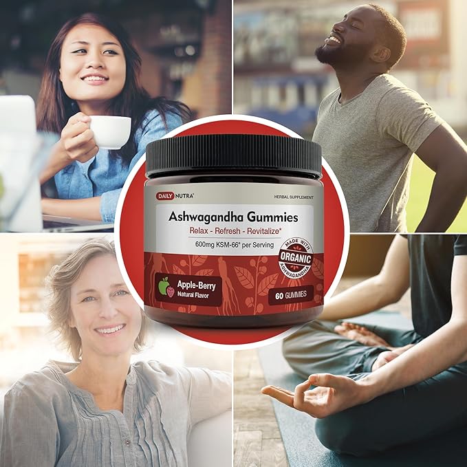KSM-66 Ashwagandha Gummies - 600mg Organic Root Extract per Serving - Delicious Natural Apple-Berry Flavor | Supports Relaxation Focus &amp Energy (60 Gummies)