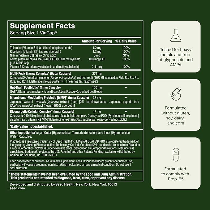 Seed AM-02 Energy + Focus - Daily Nootropic Supplement for Women &amp Men - Fast-Acting &amp Sustained Energy for Up to 6 Hours - Caffeine-Free Vegan &amp Shelf-Stable - 30 Capsules (30-Day Supply)