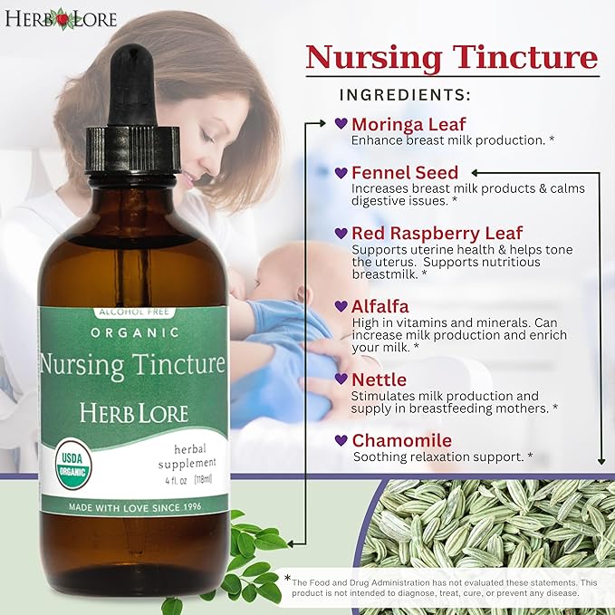 Herb Lore Organic Nursing Tincture – Liquid Lactation Support Drops to Increase Breast Milk Supply with Moringa and Fennel – Fenugreek-Free Breastfeeding Supplement (4 fl oz)