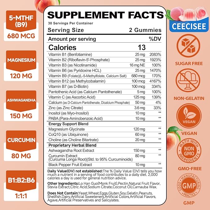 Natural Methylated Vitamins B Gummies: Chewable Supplement Complex with B1 B2 B3 B5 B6 B7 B9 B12 Zinc Magnesium Ashwagandha for Daily Energy Support - for Vegan Work Adults(60Count)