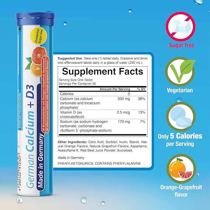 German Calcium + VIT. D - 240 Vegetarian Drink Effervescent Tablets - Orange-Grapefruit Flavor - Made in Germany