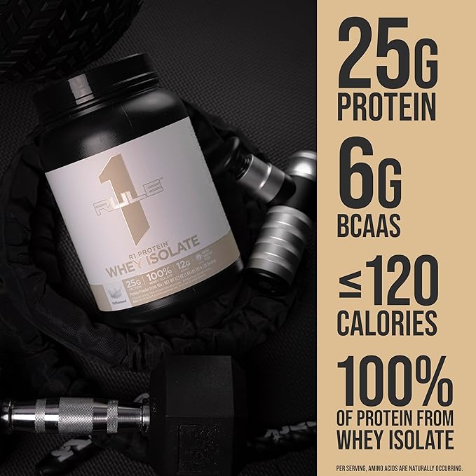 Rule 1 Naturally Flavored R1 Protein Whey Isolate - Clean Formula with 25g Protein &amp 6g BCAA Exclusively Isolated &amp Hydrolyzed Sources for Workout Recovery (1.7 Pounds* Unflavored)