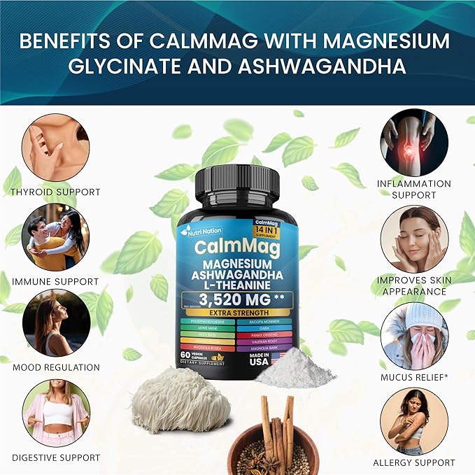Best Magnesium Glycinate with Ashwagandha and L-Theanine 14 in 1 Supplement 60 Capsules 3 Bottle