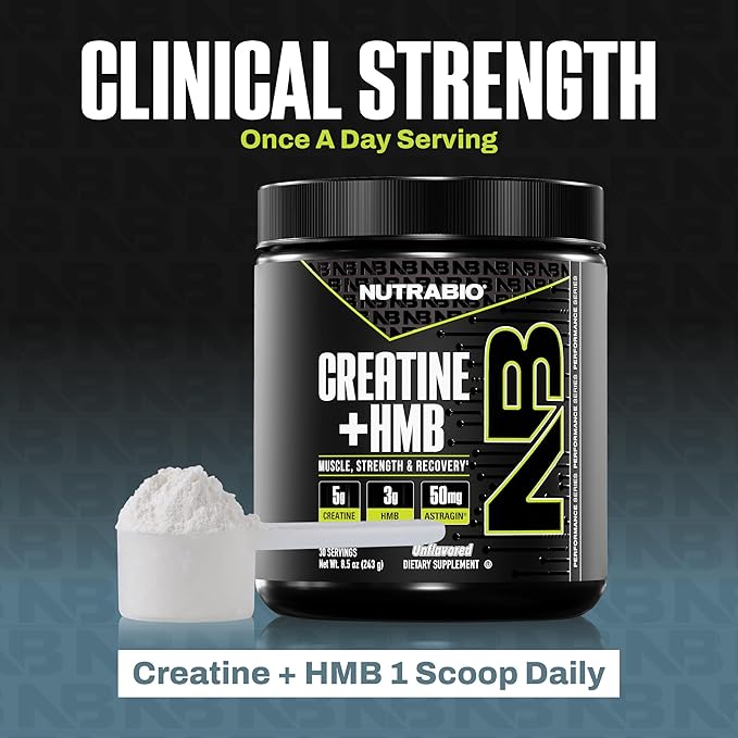 NutraBio Creatine + HMB- Creatine Monohydrate with HMB Powder for Muscle Growth Increased Strength- 30 Servings (Unflavored)