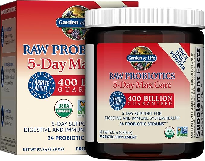 Garden of Life Raw Probiotics 5-Day Max Care - 400 Billion CFU - Probiotic Powder for Digestive &amp Immune Support - Banana 5 Servings