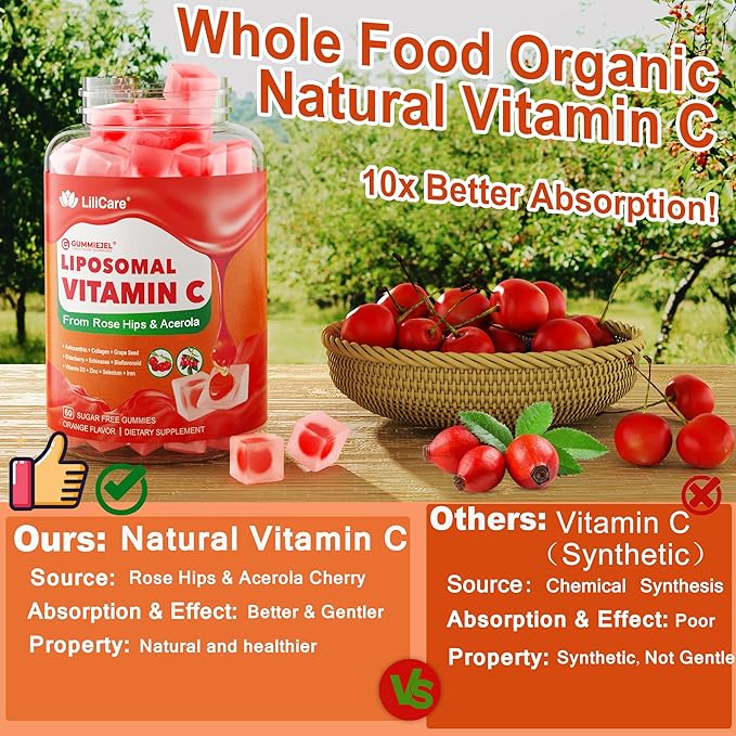 Natural Liposomal Vitamin C 1000mg Gummies for Adults Kids 9+ Chewable Vitamin C w/ 11mg Zinc D3 Elderberry Echinacea BioflavonoidImmune Support Whole Food VIT C from Fruits Sugar Free 2Pack