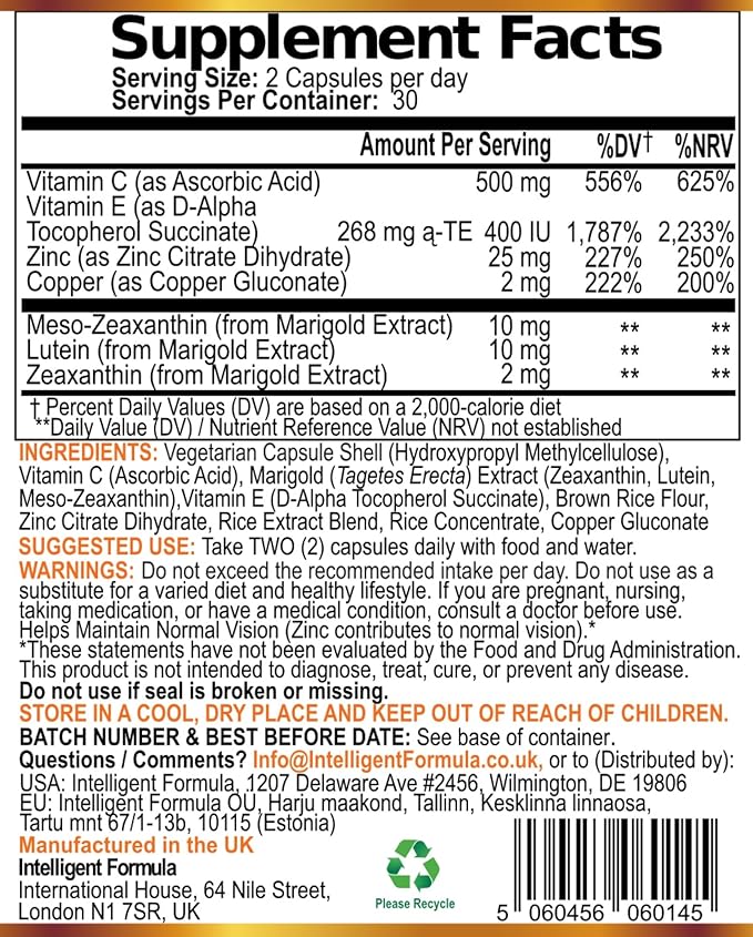 Vision Defender Plus Eye Supplement: AREDS2 Formula Vitamins Minerals (Lutein Zinc) Enhanced with Meso-Zeaxanthin for Complete Eyes/Eyesight Health Care &amp Support. 60 Easy-to-Swallow Vegan Capsu