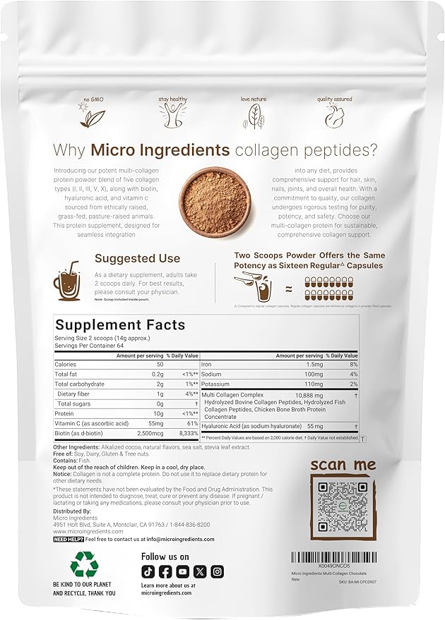 Micro Ingredients Multi Collagen Peptides Powder 2lb | Type I II III V X + Biotin Vitamin C &amp Hyaluronic Acid | Chocolate Flavor | Supports Hair Skin &amp Joint Health | Keto Non-GMO