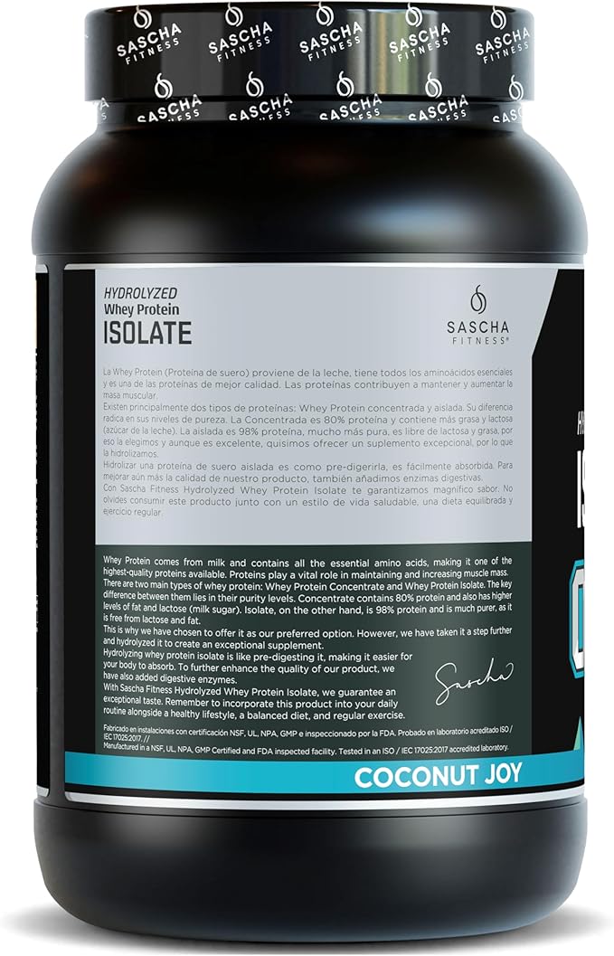 SASCHA FITNESS Hydrolyzed Whey Protein Isolate100% Grass-Fed (2 Pounds Coconut)