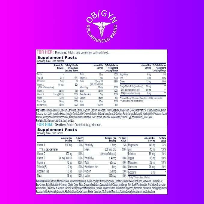 One A Day Men's &amp Women's Pre-Pregnancy Multivitamin Softgel including Vitamins A Vitamin C Vitamin D B6 B12 Folic Acid &amp more 30+30 Count Supplement for Before During and Postnatal
