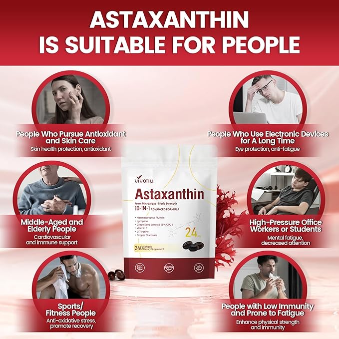 VivoNu Astaxanthin 24mg – Powerful Antioxidant Support for Skin Eyes &amp Immune System – 10-in-1 Formula with Lycopene Grape Seed Vitamin E &amp Zinc – Triple Strength 720 Softgels 3 Bag