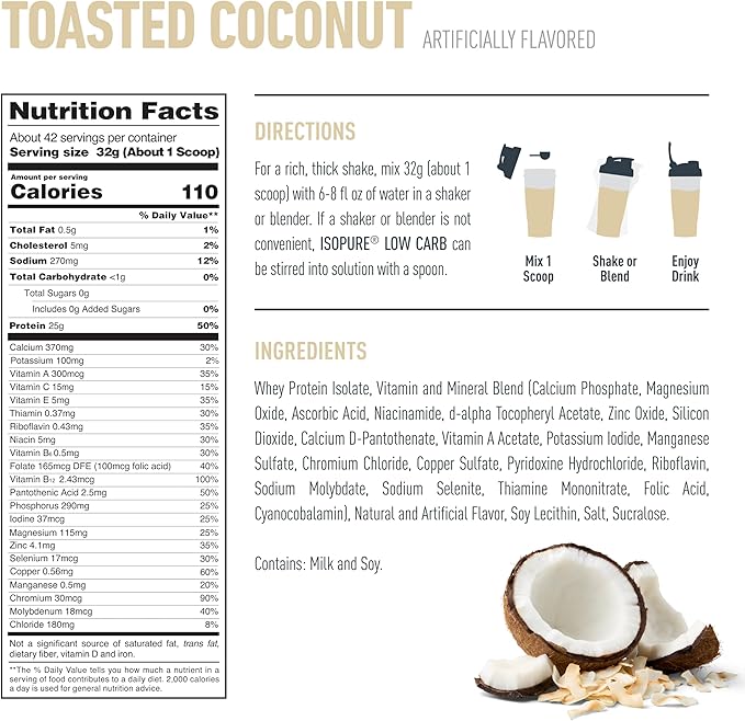Isopure Low Carb 100% Pure Whey Isolate Protein Powder Gluten Free With Vitamins Toasted Coconut 25g Protein Per Serving 3 Lbs 42 Servings (Packaging May Vary)