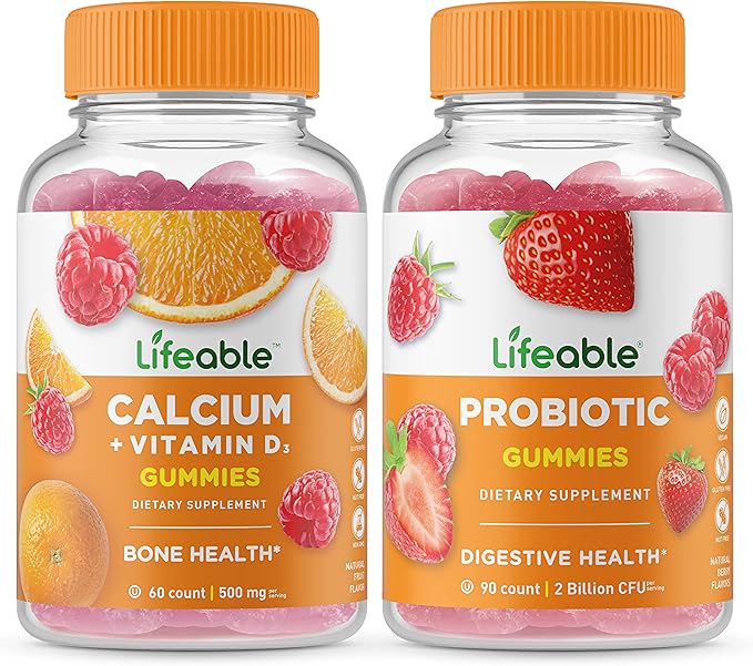 Lifeable Calcium with Vitamin D + Probiotic 2 Billion CFU Gummies Bundle - Great Tasting Vitamin Supplement Gluten Free GMO Free Chewable
