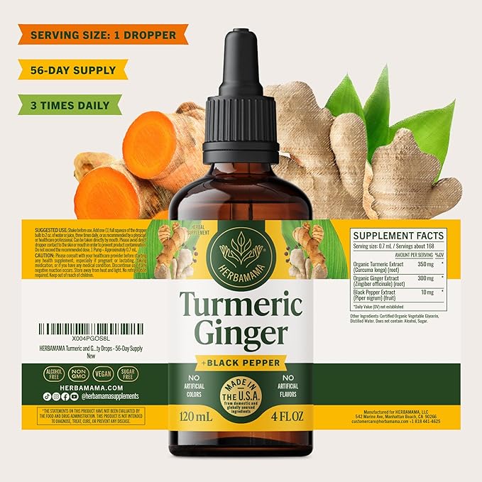 HERBAMAMA Turmeric and Ginger Supplement - Vegan Immune Complex with Liquid Turmeric with Ginger and Black Pepper Extract - Non-GMO Alcohol &amp Sugar-Free Immunity Drops - 56-Day Supply