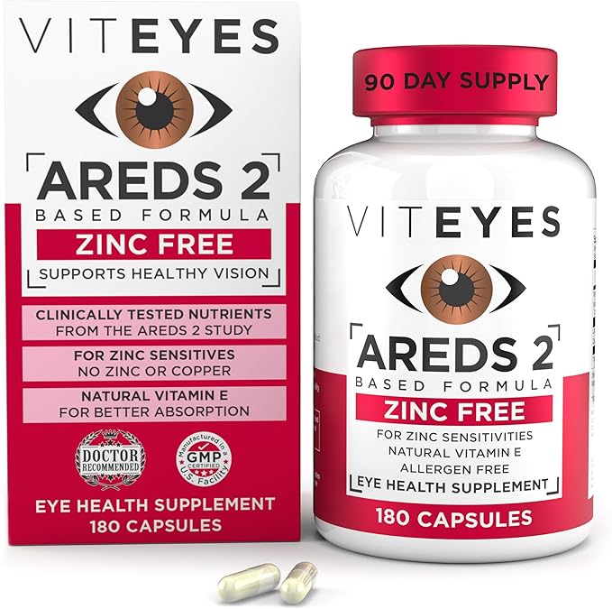 Viteyes AREDS 2 Zinc Free Macular Support Natural Allergen Free Capsules with Vitamin E Vitamin C Lutein &amp Zeaxanthin No Zinc No Copper Eye Doctor Trusted Manufactured in The USA 180 Ct