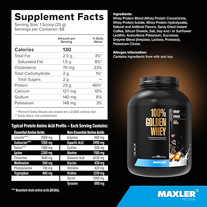 Maxler 100% Golden Whey Protein - 23g of Protein per Serving - Whey Protein Powder for Pre Post Workout - Fast-Absorbing Whey Concentrate Isolate &amp Hydrolysate Blend - Cappuccino 5 lb