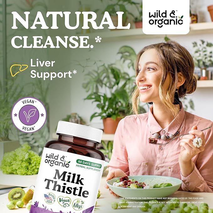 Wild &amp Organic Milk Thistle Capsules 1000mg - Liver Detox Cleanse - Silymarin Milk Thistle Supplement for Liver Support - 120 Vegan Capsules - 2-Month Supply - No Fillers Non-GMO