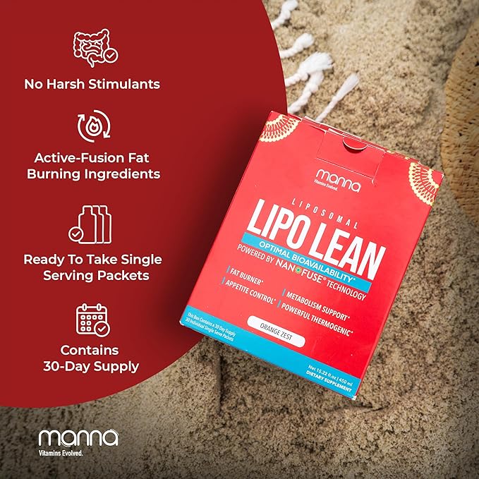 Manna Vitamins Evolved Liposomal Lipo Lean Thermogenic Metabolism Support Cravings Management Weight Loss Support for Women Men Liposomal Absorption 3500mg CLA Carnitine Green Tea 30 Packets