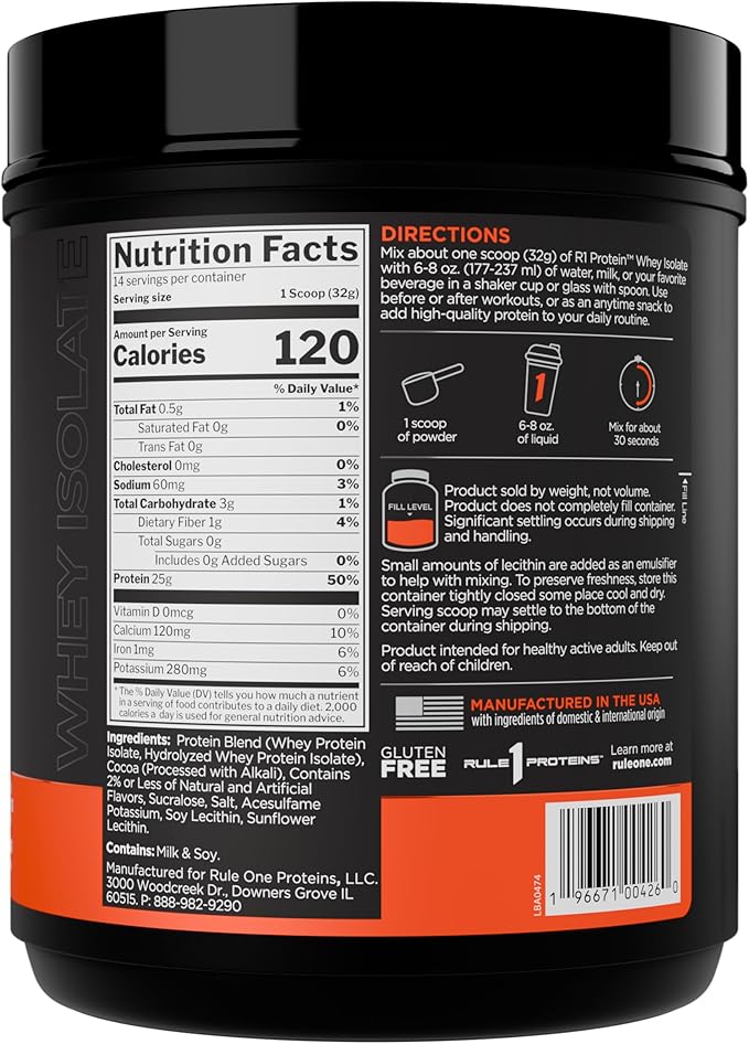 Rule 1 R1 Protein Whey Isolate - with 25g Protein &amp 6g BCAA Exclusively from Isolated &amp Hydrolyzed Sources for Workout Recovery (1 Pound* Chocolate Fudge)