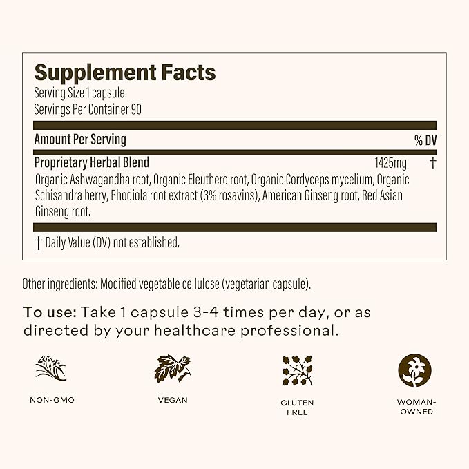 Wooden Spoon Herbs Stress Savior | Stress Relief Supplement | 7 Herb Complex with Ashwagandha Cordyceps &amp Ginseng | Relaxation Mood Support &amp Energy Boost | Gluten-Free Non-GMO Vegan | (