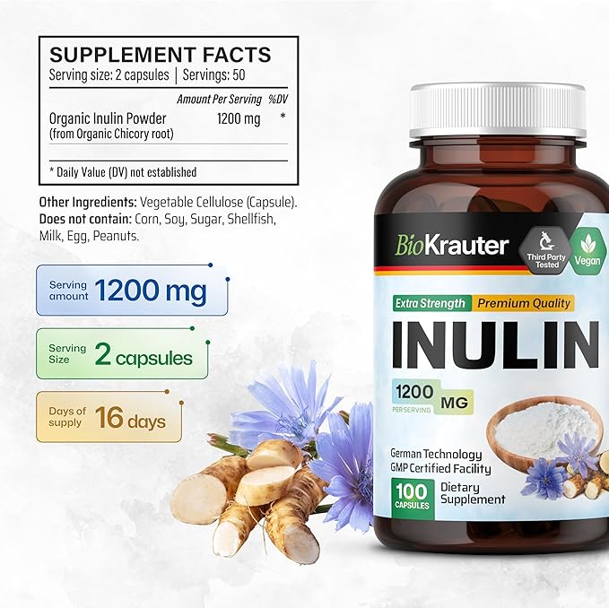 BIO KRAUTER® Inulin Powder from Chicory Root in Capsules 1200 mg per Serving 100 Count - Vegan &amp Pure Inulin Prebiotic Fiber for Gut &amp Digestive Support - No Fillers Non-GMO - 16 Days of Supp