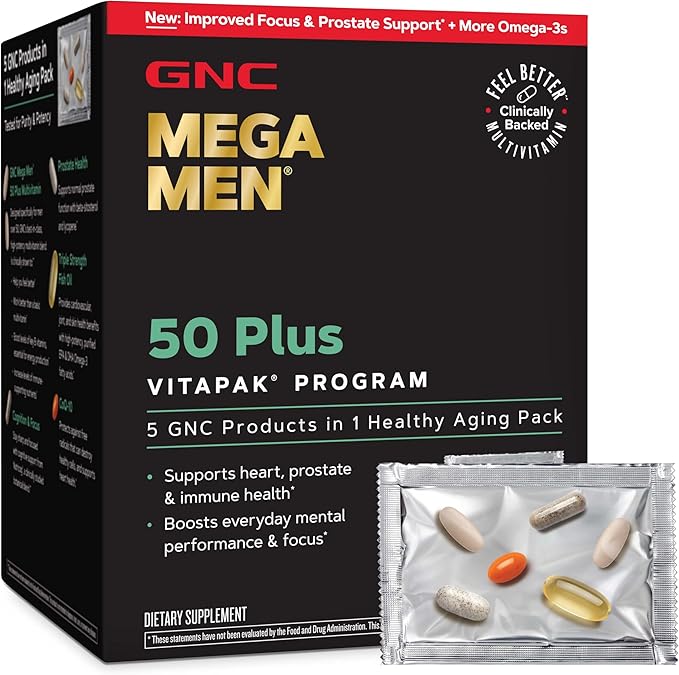 GNC Mega Men 50 Plus Vitapak Program Convenient Complete Nutrition 5 Products in 1 Vitamin Pack Multivitamin Fish Oil Mental Sharpness Ginkgo Prostate Health 30 Packets 30 Day Supply