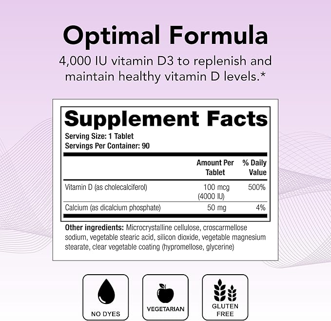 Theralogix Thera-D 4000 Vitamin D Supplement - 4000 IU (100 mcg) Vitamin D3 Tablets - 90-Day Supply - Immune Support Supplement for Women &amp Men - Aids Bone &amp Heart Health - NSF Certified - 90