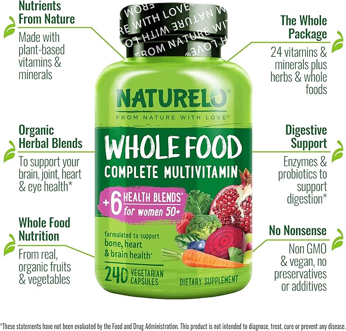 NATURELO Whole Food Multivitamin for Women 50+ (Iron Free) with Vitamins Minerals &amp Organic Extracts - Supplement for Post Menopausal Women Over 50 - No GMO - 240 Vegan Capsules
