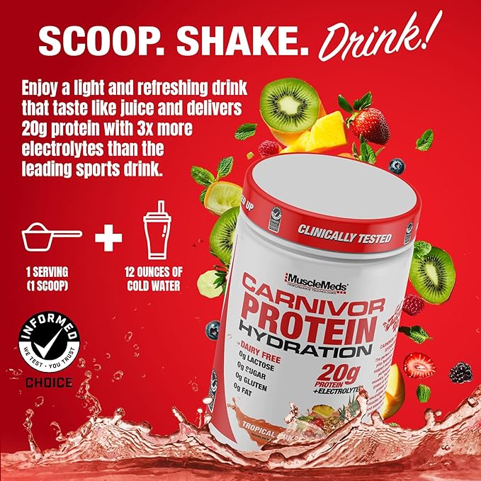MuscleMeds Carnivor Protein Hydration Drink Powder 20g Refreshing Protein Isolate Lactose Free Sugar Free Electrolytes Muscle Building Recovery Halal Certified Tropical Punch 20 Serve