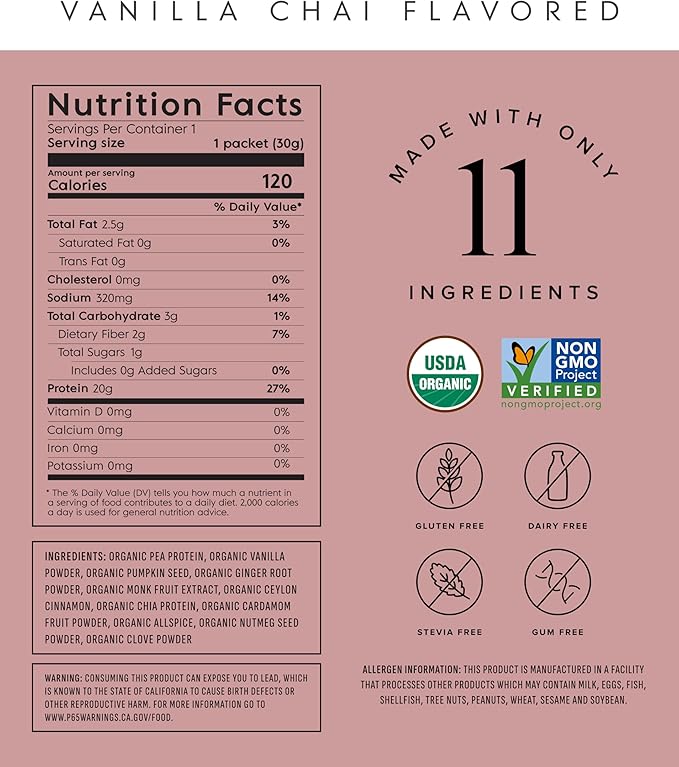 Truvani Vegan Pea Protein Powder | Vanilla Chai | 20g Organic Plant Based Protein | Single Serving Travel Packets | 10 Servings | Keto | Gluten &amp Dairy Free | Low Carb | No Added Sugar