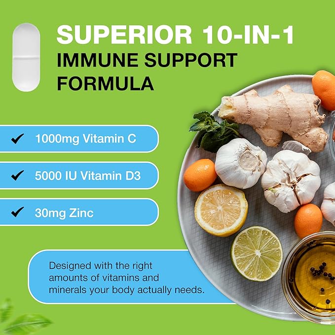 10 in 1 Immune System Support Supplement - Vitamin C (1000 mg) Quercetin Vitamin D3 (5000iu) Zinc (40 mg) Elderberry Echinacea Turmeric Ginger Garlic Black Pepper