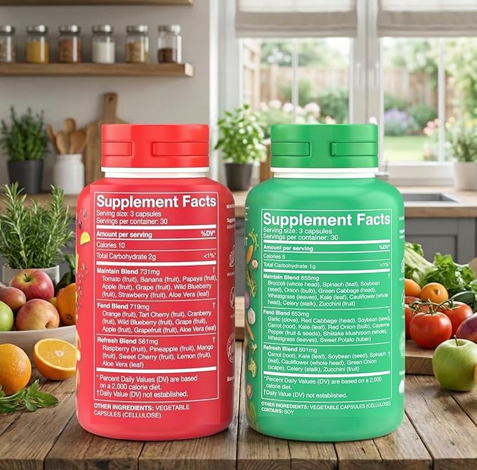 Fruit and Veggie Superfood for Natural Energy &amp Immune Support | 30+ Whole Foods Vegan Non-GMO | 90 Fruit + 90 Veggie Capsules – 30-Day Supply (2-Bottle Set)