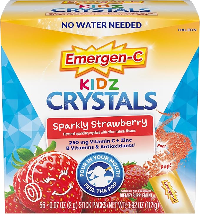 Emergen-C Kidz Crystals On-the-Go Emergen-C Immune Support Supplement with Vitamin C B Vitamins Zinc and Manganese Sparkly Strawberry Stocking Stuffer - 56 Stick Packs