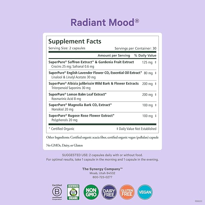 Pure Synergy Radiant Mood | Natural Mood and Sleep Supplement with Organic Saffron | with Saffron Lemon Balm and Magnolia Bark | for Sleep and Stress Support (60 Capsules)