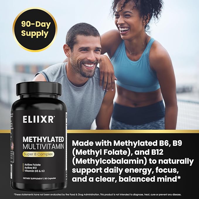 Eliixr Methylated Multivitamin 3 Month Supply 90 Capsules1500 mcg of Active Folate Methylated B12 Vitamin A C K2 D3 E Choline Biotin ALA CoQ10 B-Complex and More. Made in The USA