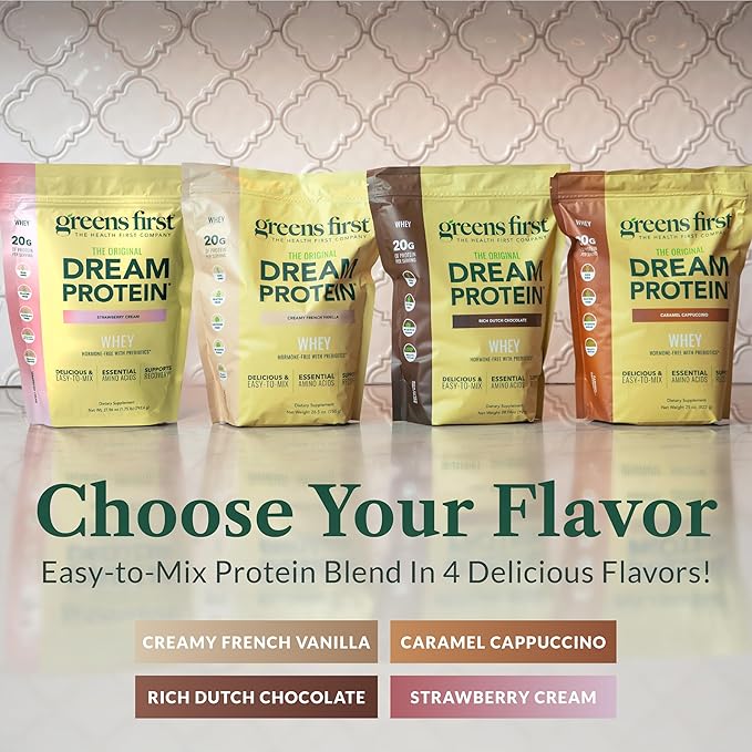 Greens First Dream Protein Powder Whey - 20g Protein Per Serving - Hormone-Free with Prebiotics - Non-GMO - No Artificial Sweeteners/MSG/Aspartame (Strawberry Cream 27.96 oz)