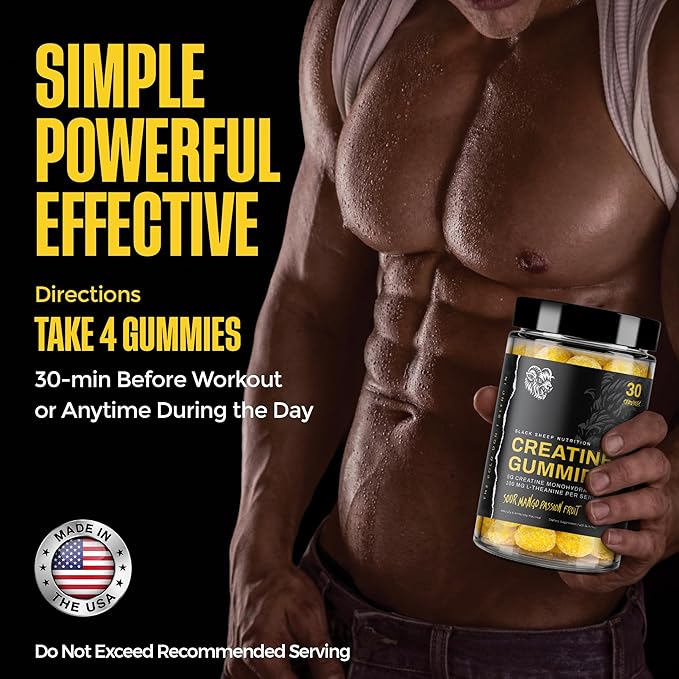 Creatine Monohydrate Gummies for Men and Women 5g Creatine + L-Theanine for Muscle Growth Strength Focus &amp Energy Vegan Non GMO Gluten Free (120 Count 30 Servings)
