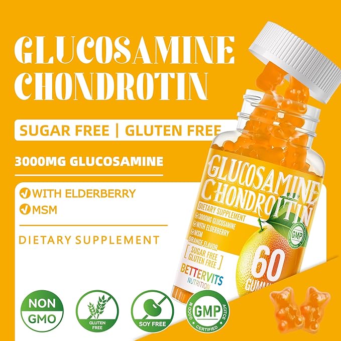 Glucosamine Chondroitin Gummies with MSM &amp Elderberry Extra Strength - Joint Support Antioxidant Immune Support Supplement for Adults Men &amp Women120 Orange Gummies