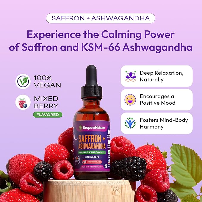 Drops Of Nature Ashwagandha &amp Saffron Liquid Supplement (Mixed Berry 60mL) &amp Magnesium Glycinate &amp Ashwagandha Drops (Mixed Berry 60mL) – Vegan Non-GMO – Herbal Relaxation &amp Magnesi